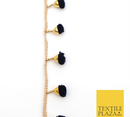 NAVY BLUE Pom Pom Tassels Indian Woven Gold Trim Ribbon Border Lace Ethnic X254
