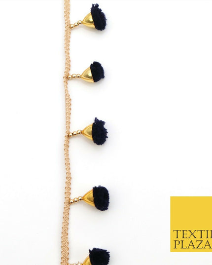 NAVY BLUE Pom Pom Tassels Indian Woven Gold Trim Ribbon Border Lace Ethnic X254