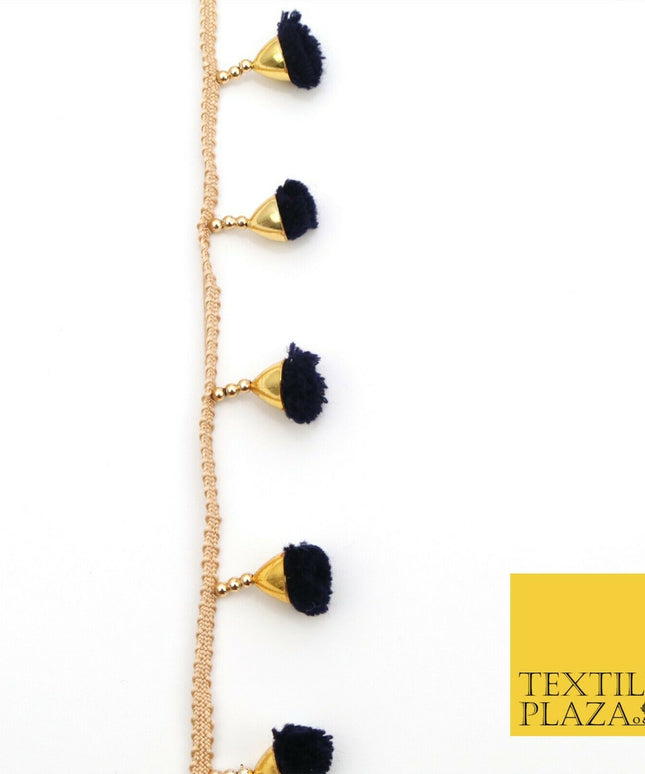 NAVY BLUE Pom Pom Tassels Indian Woven Gold Trim Ribbon Border Lace Ethnic X254