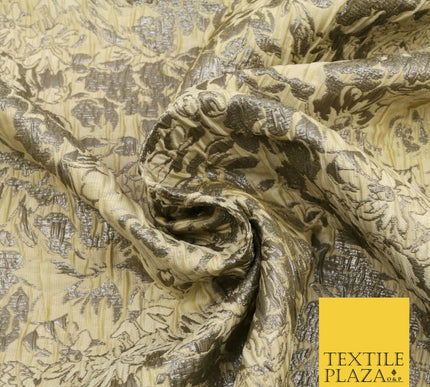 LEMON Floral Bloom Metallic Creased Brocade Jacquard Dress Fabric Craft 1551