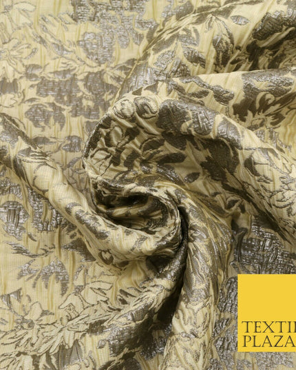 LEMON Floral Bloom Metallic Creased Brocade Jacquard Dress Fabric Craft 1551
