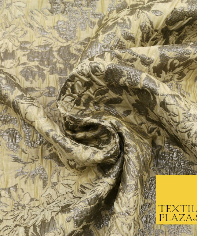LEMON Floral Bloom Metallic Creased Brocade Jacquard Dress Fabric Craft 1551