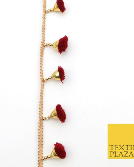 MAROON Pom Pom Tassels Indian Woven Gold Trim Ribbon Border Lace Ethnic X256