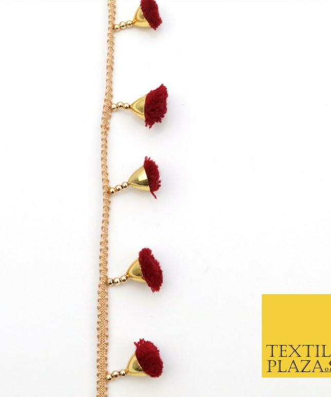 MAROON Pom Pom Tassels Indian Woven Gold Trim Ribbon Border Lace Ethnic X256