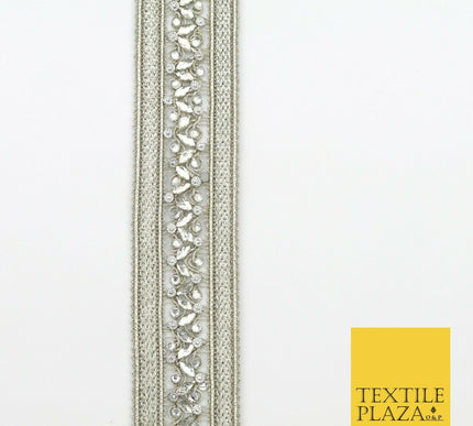 NICKEL Double Ribbon Trimming with Silver Stones Border Indian Ethnic X208