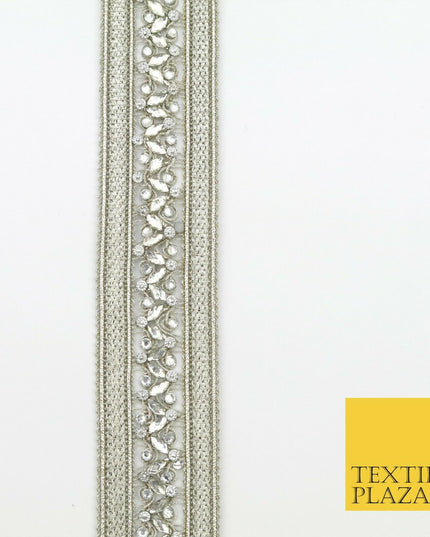 NICKEL Double Ribbon Trimming with Silver Stones Border Indian Ethnic X208