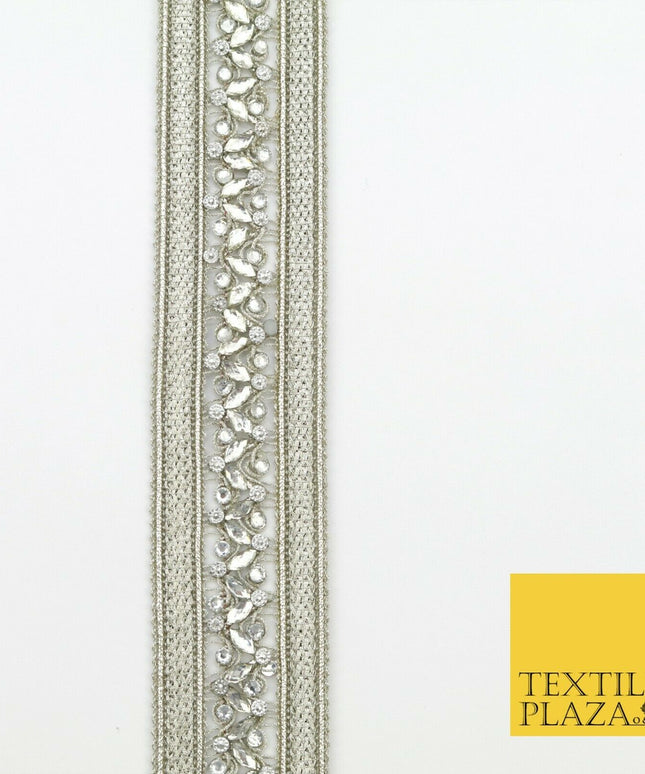 NICKEL Double Ribbon Trimming with Silver Stones Border Indian Ethnic X208
