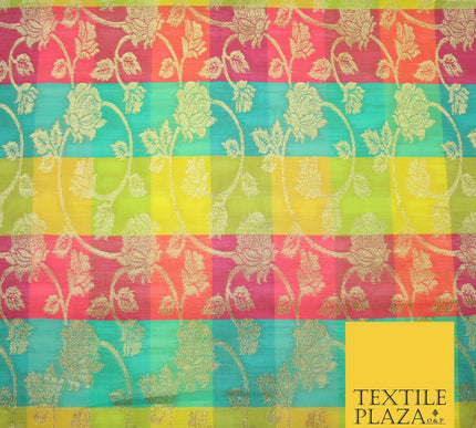 Multicolour Check Floral Banarsi Brocade Dress Indian Faux Raw Silk Fancy Fabric