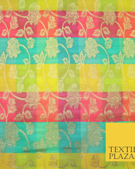 Multicolour Check Floral Banarsi Brocade Dress Indian Faux Raw Silk Fancy Fabric