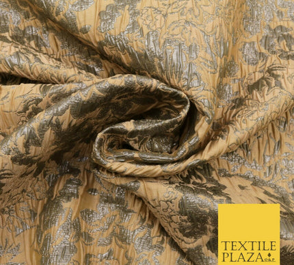 LIGHT TAN Floral Bloom Metallic Creased Brocade Jacquard Dress Fabric Craft 1552
