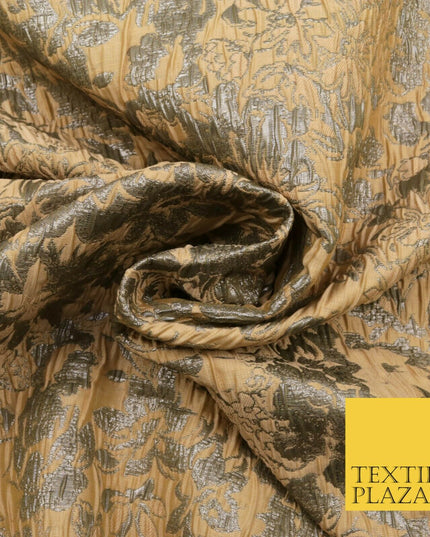 LIGHT TAN Floral Bloom Metallic Creased Brocade Jacquard Dress Fabric Craft 1552