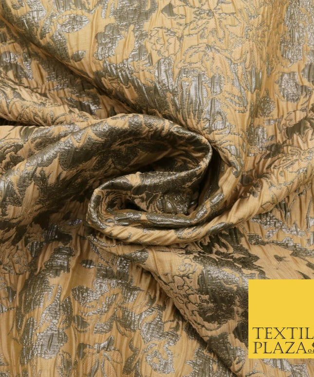 LIGHT TAN Floral Bloom Metallic Creased Brocade Jacquard Dress Fabric Craft 1552