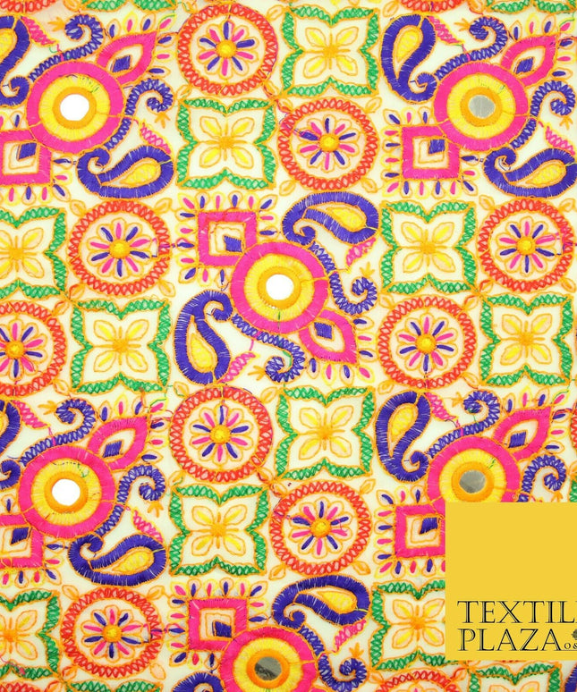 Ivory Phulkari Georgette Colourful Threadwork PAISLEY Pattern Dress Fabric 2306