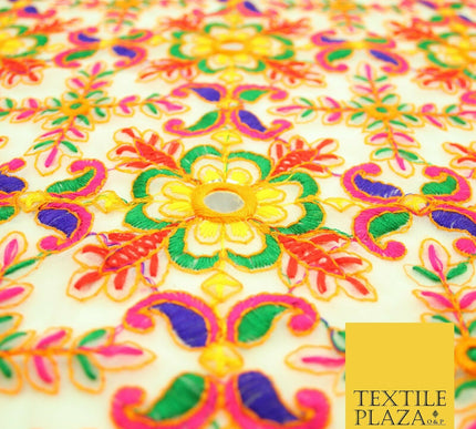 Ivory Phulkari Georgette Colourful Threadwork Ornate Pattern Dress Fabric 2305