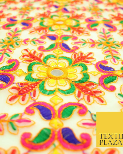 Ivory Phulkari Georgette Colourful Threadwork Ornate Pattern Dress Fabric 2305