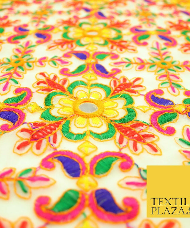 Ivory Phulkari Georgette Colourful Threadwork Ornate Pattern Dress Fabric 2305