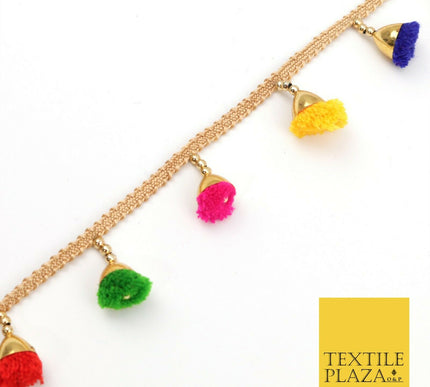 MULTICOLOUR Pom Pom Tassels Indian Woven Gold Trim Ribbon Border Lace EthnicX252