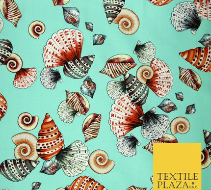 Sea Shells Oyster Clams Beach Printed Premium COTTON Sateen Fabric 58" Wide