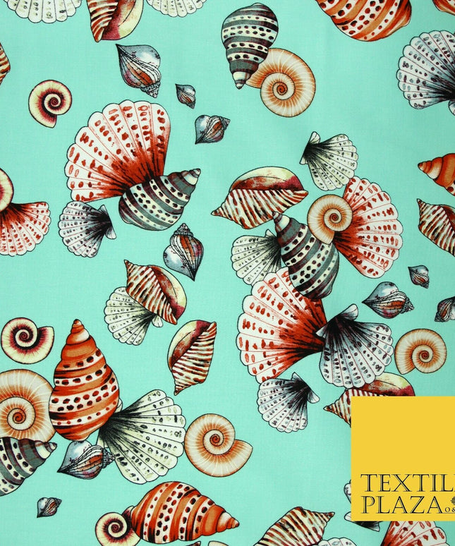Sea Shells Oyster Clams Beach Printed Premium COTTON Sateen Fabric 58" Wide