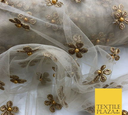 Light Stone Small Gold Pearl Flower Threadwork Antique Fancy Net Fabric JB295