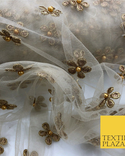 Light Stone Small Gold Pearl Flower Threadwork Antique Fancy Net Fabric JB295