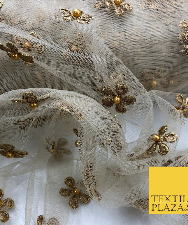 Light Stone Small Gold Pearl Flower Threadwork Antique Fancy Net Fabric JB295