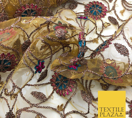 Luxury Gold/Mustard Coloured Ornate Flower Jaal Metallic Threadwork Net JF287