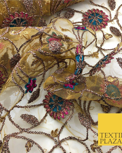 Luxury Gold/Mustard Coloured Ornate Flower Jaal Metallic Threadwork Net JF287