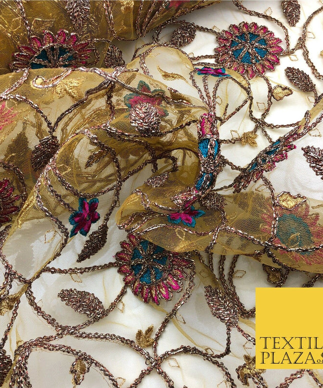Luxury Gold/Mustard Coloured Ornate Flower Jaal Metallic Threadwork Net JF287
