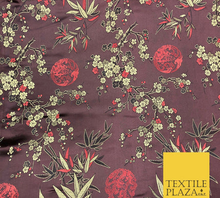 BROWN Floral Blossom Chinese Brocade Satin Embroidered Dress Fabric A1122