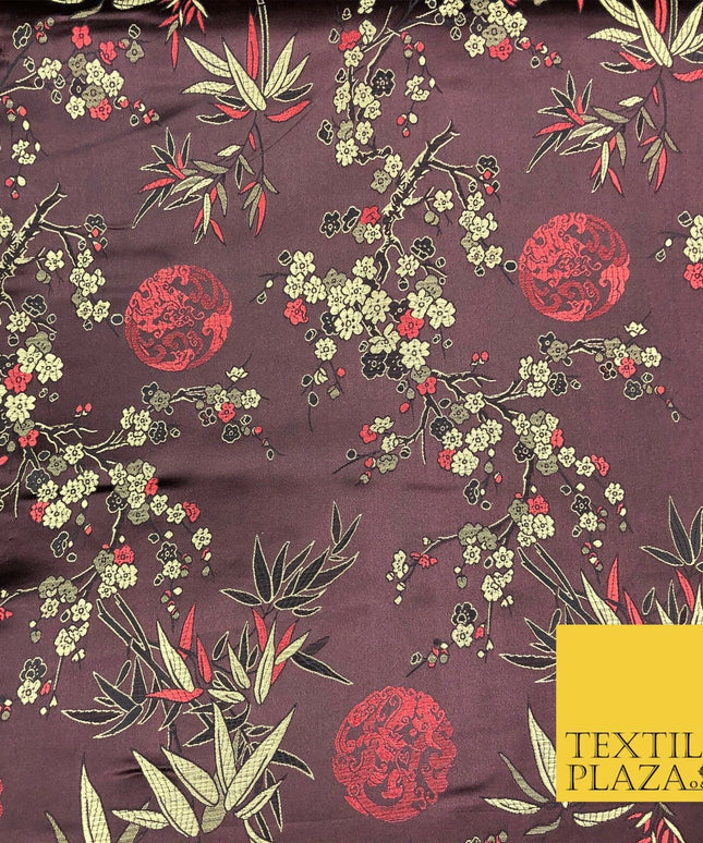 BROWN Floral Blossom Chinese Brocade Satin Embroidered Dress Fabric A1122
