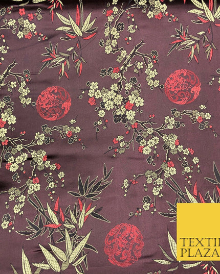 BROWN Floral Blossom Chinese Brocade Satin Embroidered Dress Fabric A1122