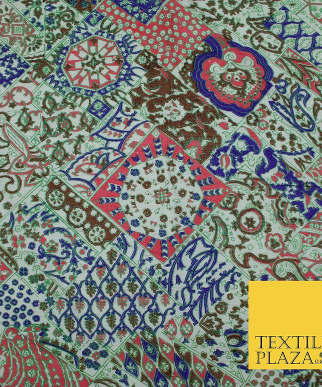 Purple Patchwork Style Printed 100% PURE Dupion Silk Fabric Slub Handloom 1810