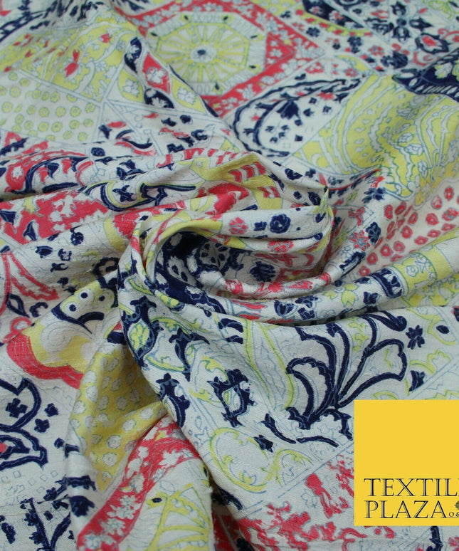 Yellow Patchwork Style Printed 100% PURE Dupion Silk Fabric Slub Handloom 1809