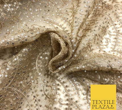 Gold / Stone Heavy Jaal Intricate Sequin Threadwork Fancy Fine Net Fabric JB298