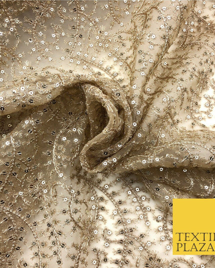 Gold / Stone Heavy Jaal Intricate Sequin Threadwork Fancy Fine Net Fabric JB298