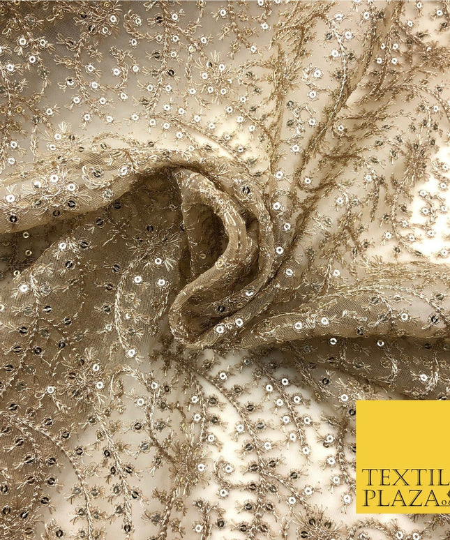 Gold / Stone Heavy Jaal Intricate Sequin Threadwork Fancy Fine Net Fabric JB298