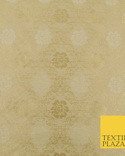 CREAM GOLD Floral Ornate Lattice Banarsi Brocade Fabric Dress Fancy Craft 1570