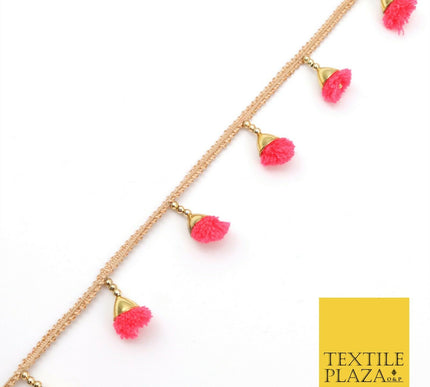 SALMON PINK Pom Pom Tassels Indian Woven Gold Trim Ribbon Border LaceEthnic X257