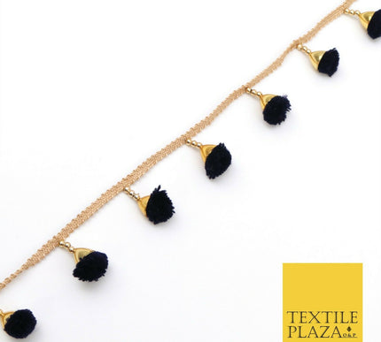 NAVY BLUE Pom Pom Tassels Indian Woven Gold Trim Ribbon Border Lace Ethnic X254