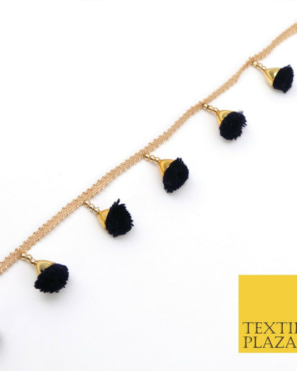 NAVY BLUE Pom Pom Tassels Indian Woven Gold Trim Ribbon Border Lace Ethnic X254