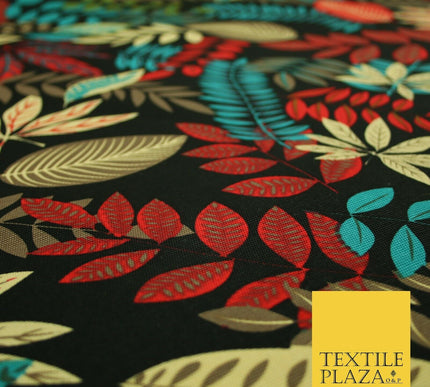 Black Multi Colourful Tropical Leaves 100% COTTON CANVAS Print Fabric Craft 2288