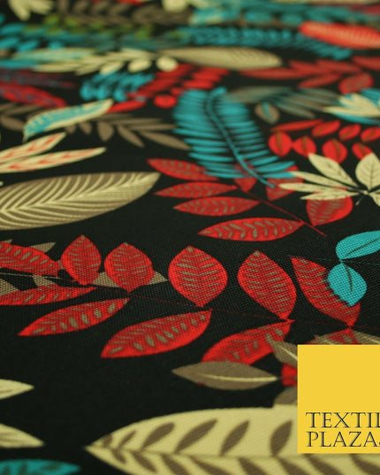 Black Multi Colourful Tropical Leaves 100% COTTON CANVAS Print Fabric Craft 2288