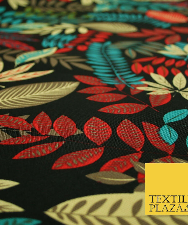 Black Multi Colourful Tropical Leaves 100% COTTON CANVAS Print Fabric Craft 2288