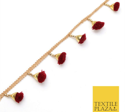 MAROON Pom Pom Tassels Indian Woven Gold Trim Ribbon Border Lace Ethnic X256