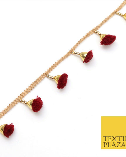 MAROON Pom Pom Tassels Indian Woven Gold Trim Ribbon Border Lace Ethnic X256