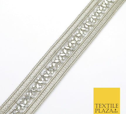 NICKEL Double Ribbon Trimming with Silver Stones Border Indian Ethnic X208