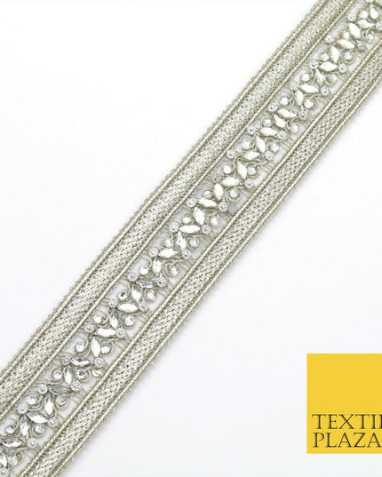 NICKEL Double Ribbon Trimming with Silver Stones Border Indian Ethnic X208
