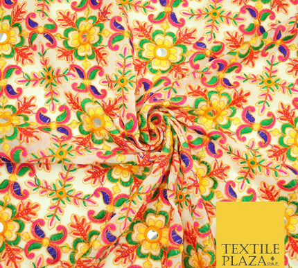 Ivory Phulkari Georgette Colourful Threadwork Ornate Pattern Dress Fabric 2305
