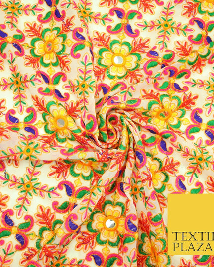 Ivory Phulkari Georgette Colourful Threadwork Ornate Pattern Dress Fabric 2305